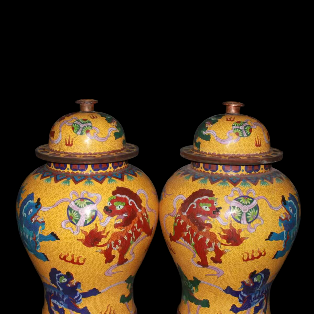 Pair of Cloisonne-Style Enamel-on-Copper Lidded Jars — Dragons & Mythic Beasts, 55 cm Tall, Heavy Decorative Display Pair (Antique-Period Attribution)