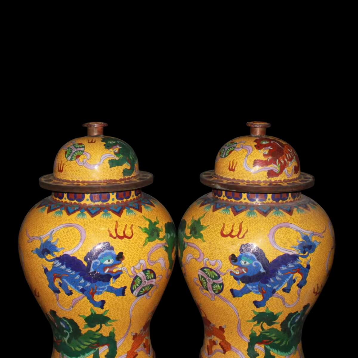 Pair of Cloisonne-Style Enamel-on-Copper Lidded Jars — Dragons & Mythic Beasts, 55 cm Tall, Heavy Decorative Display Pair (Antique-Period Attribution)