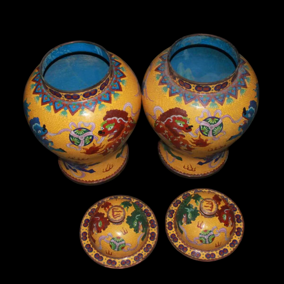 Pair of Cloisonne-Style Enamel-on-Copper Lidded Jars — Dragons & Mythic Beasts, 55 cm Tall, Heavy Decorative Display Pair (Antique-Period Attribution)