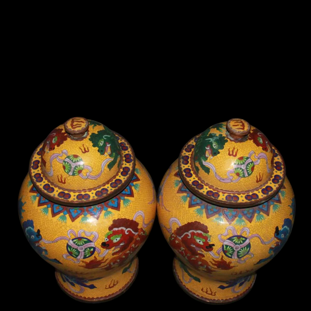Pair of Cloisonne-Style Enamel-on-Copper Lidded Jars — Dragons & Mythic Beasts, 55 cm Tall, Heavy Decorative Display Pair (Antique-Period Attribution)