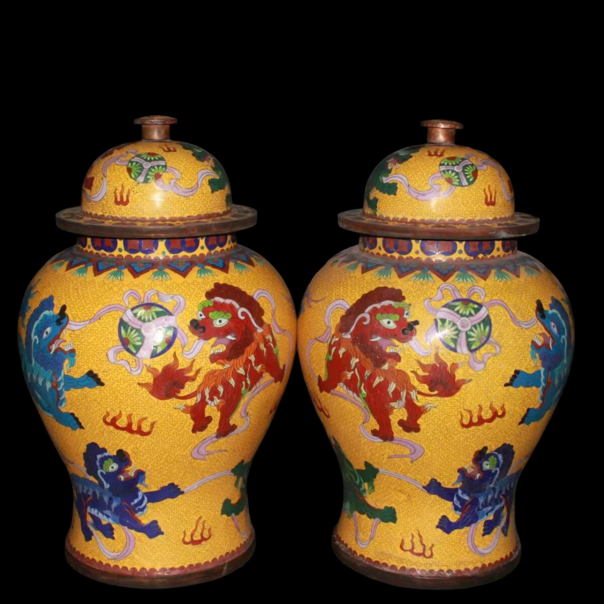 Pair of Cloisonne-Style Enamel-on-Copper Lidded Jars — Dragons & Mythic Beasts, 55 cm Tall, Heavy Decorative Display Pair (Antique-Period Attribution)