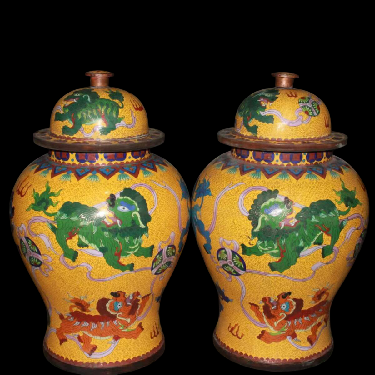 Pair of Cloisonne-Style Enamel-on-Copper Lidded Jars — Dragons & Mythic Beasts, 55 cm Tall, Heavy Decorative Display Pair (Antique-Period Attribution)