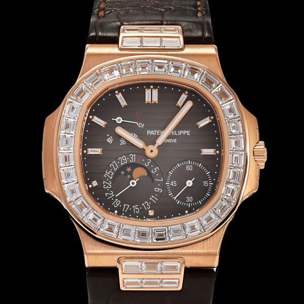 Patek Philippe Nautilus 5724R-001 Rose Gold Baguette Diamond Bezel Dark Brown Embossed Dial Moonphase Power Reserve 40mm