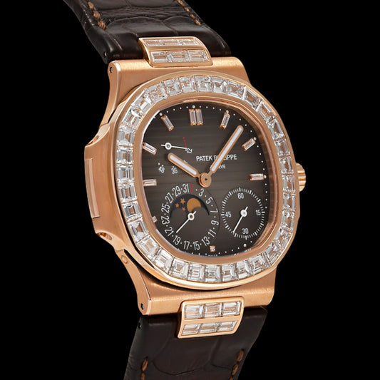 Patek Philippe Nautilus 5724R-001 Rose Gold Baguette Diamond Bezel Dark Brown Embossed Dial Moonphase Power Reserve 40mm