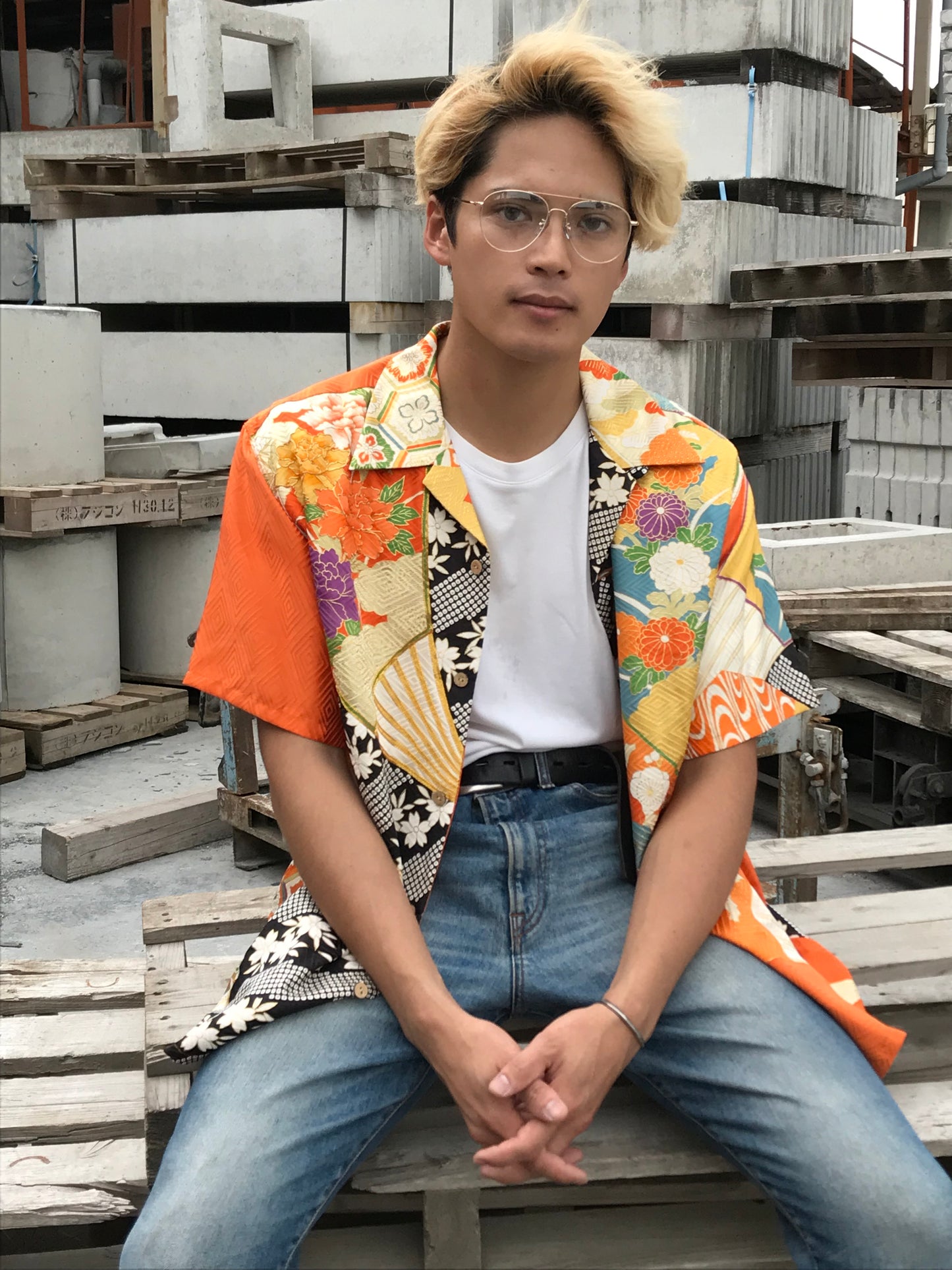 Japanese Vintage Kimono Remake Deconstructed Sustainable Premium Designer Aloha Wagara Hawaiian Silk Shirt ( Size : L - XL )