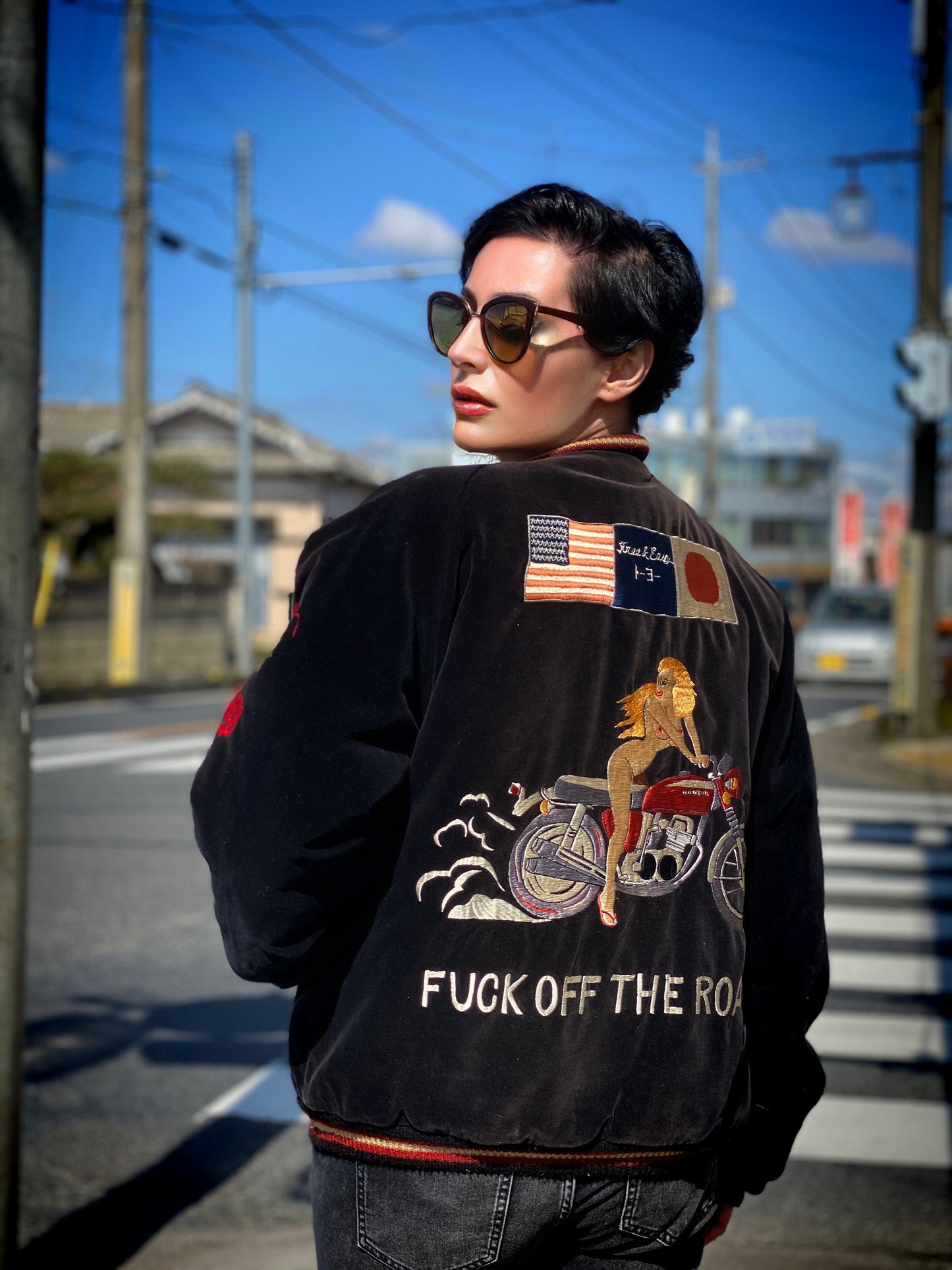 FREE & EASY Vintage Magazine Collaboration Japanese TAILOR TOYO Free and Easy Banzai Pipeline Flags Nude Lady Biker Hotrod Americana Reversible Yokosuka Jumper Pinup Pin-up Shunga Tattoo Art Embroidered Embroidery Sukajan Souvenir Jacket ( Size : L )