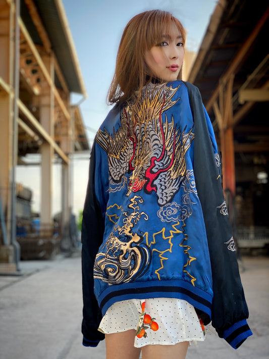 SATORI Japanese Yakuza Street Fashion Royal Blue Pheonix Dragon Hokusai Wave Nami Ukiyoe Tattoo Art Design Yokosuka Jumper Reversible Embroidered Embroidery Sukajan Souvenir Sukajum Skajum Jacket ( Size : XL )