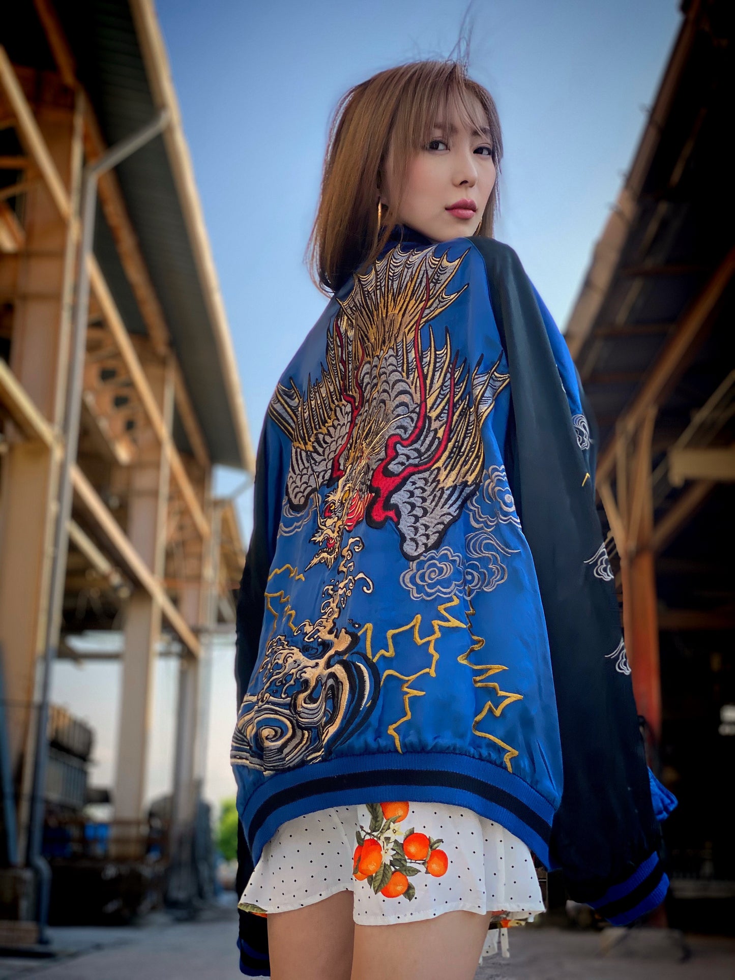 SATORI Japanese Yakuza Street Fashion Royal Blue Pheonix Dragon Hokusai Wave Nami Ukiyoe Tattoo Art Design Yokosuka Jumper Reversible Embroidered Embroidery Sukajan Souvenir Sukajum Skajum Jacket ( Size : XL )