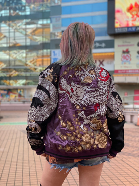 Karakuri Tamashi Japanese Japan Dragon Phoenix Embroidered Embroidery Reversible Sukajan Souvenir Sukajum Skajum Yokosuka Jumper Bomber Velvet Jacket ( Size : Please Ask )