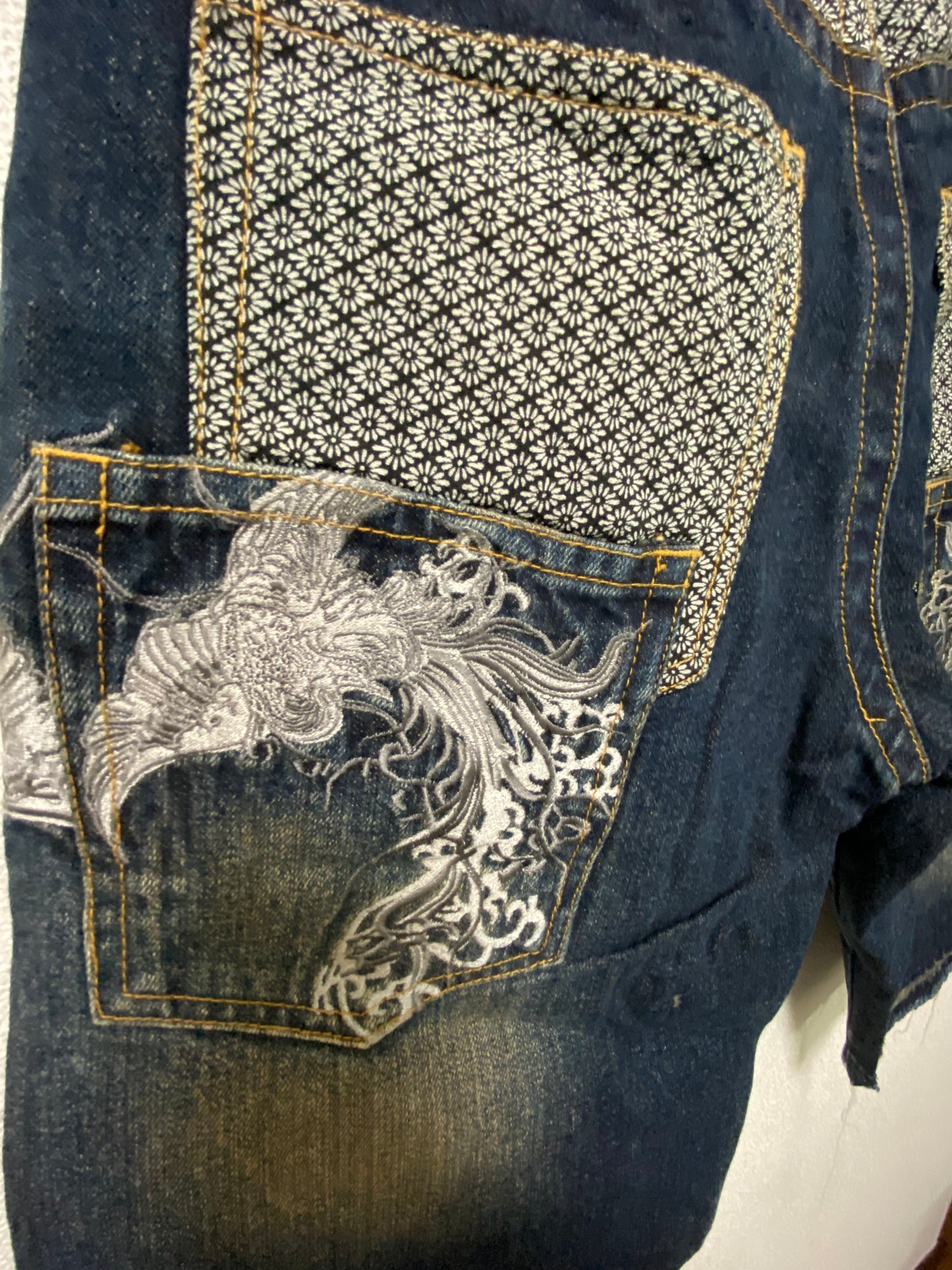 Vintage TOYO ENTERPRISE Japanese Embroidered Phoenix Denim Shorts | Made in Japan | Wagara Sashiko Selvedge Style | Amekaji Streetwear