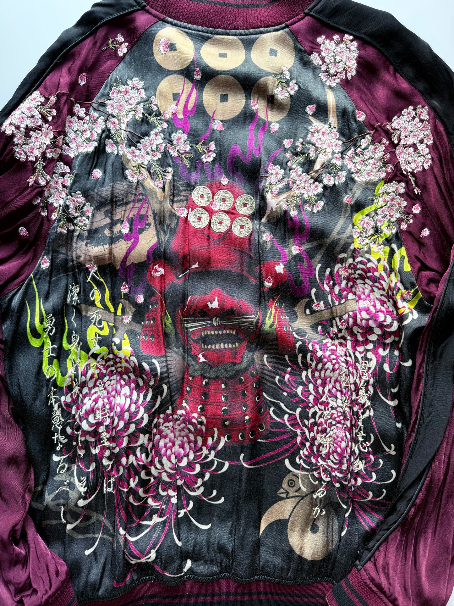 Miyabi Musubi Sanada Samurai Reversible Sukajan XL, Yukimura Six Coins Sakura Chrysanthemum Japanese Souvenir Jacket