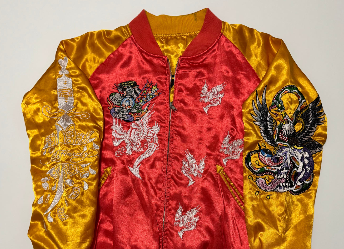 Y2K Ed Hardy Reversible Sukajan Jacket Winged Griffin Skull Eagle Embroidered Satin Bomber Red Gold Tattoo Streetwear