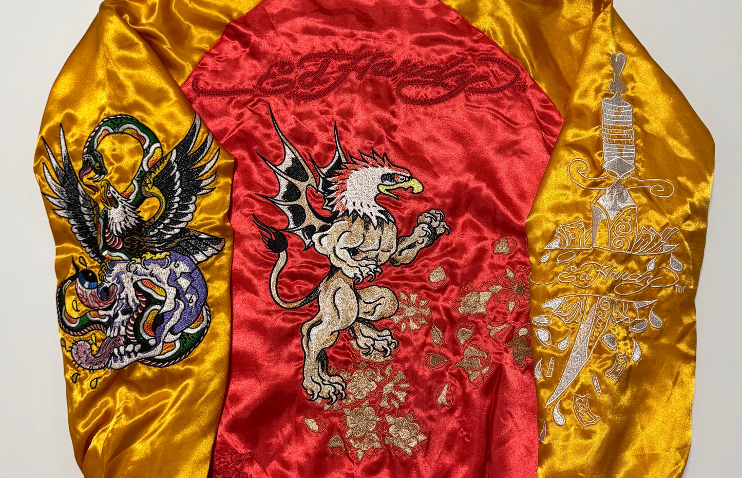Y2K Ed Hardy Reversible Sukajan Jacket Winged Griffin Skull Eagle Embroidered Satin Bomber Red Gold Tattoo Streetwear
