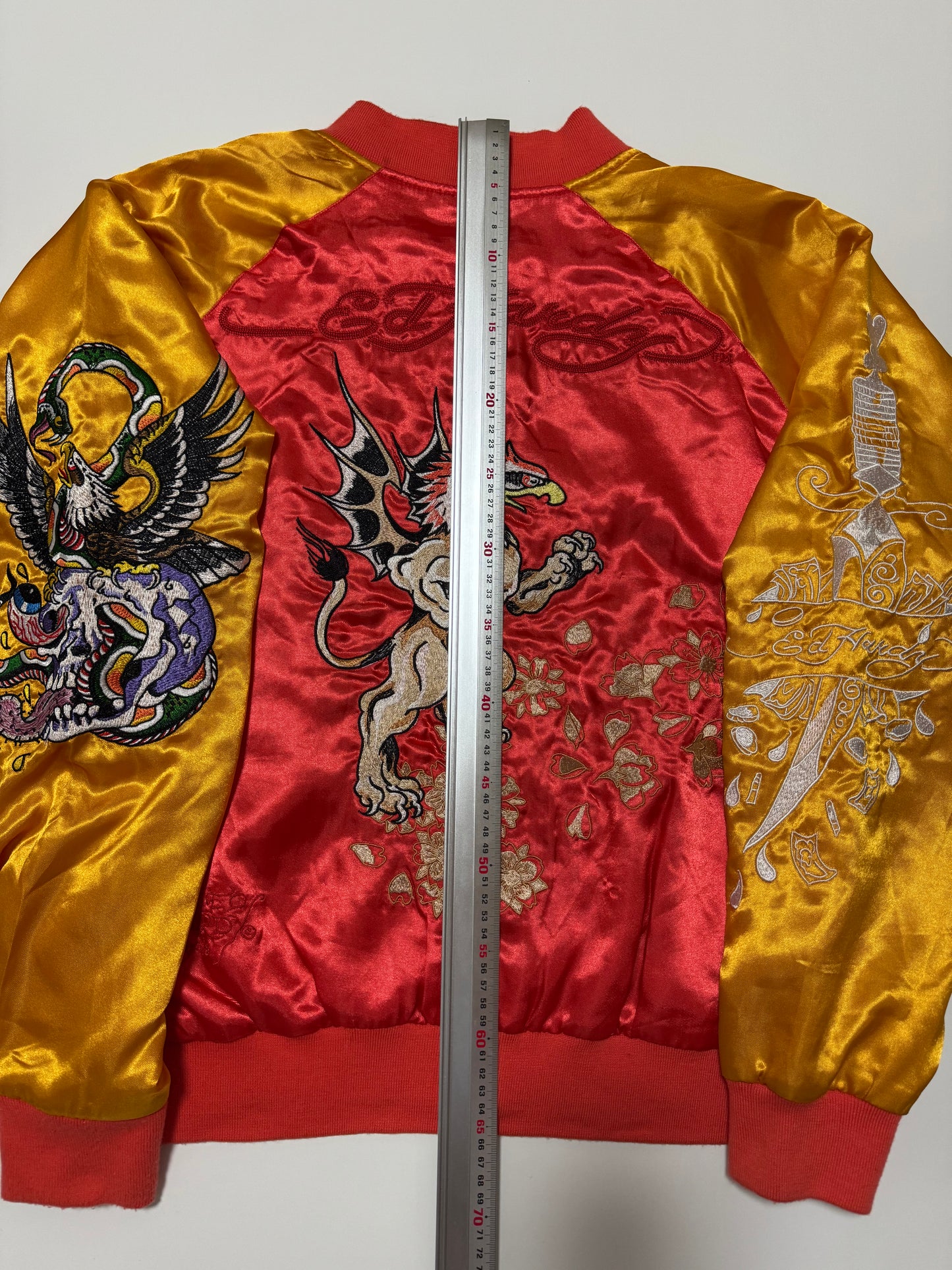 Y2K Ed Hardy Reversible Sukajan Jacket Winged Griffin Skull Eagle Embroidered Satin Bomber Red Gold Tattoo Streetwear