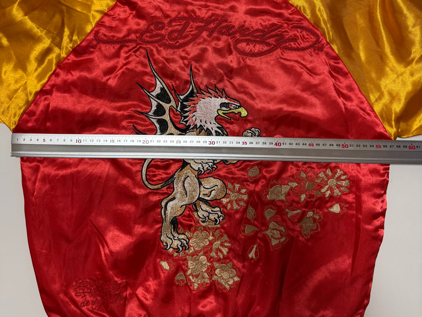 Y2K Ed Hardy Reversible Sukajan Jacket Winged Griffin Skull Eagle Embroidered Satin Bomber Red Gold Tattoo Streetwear