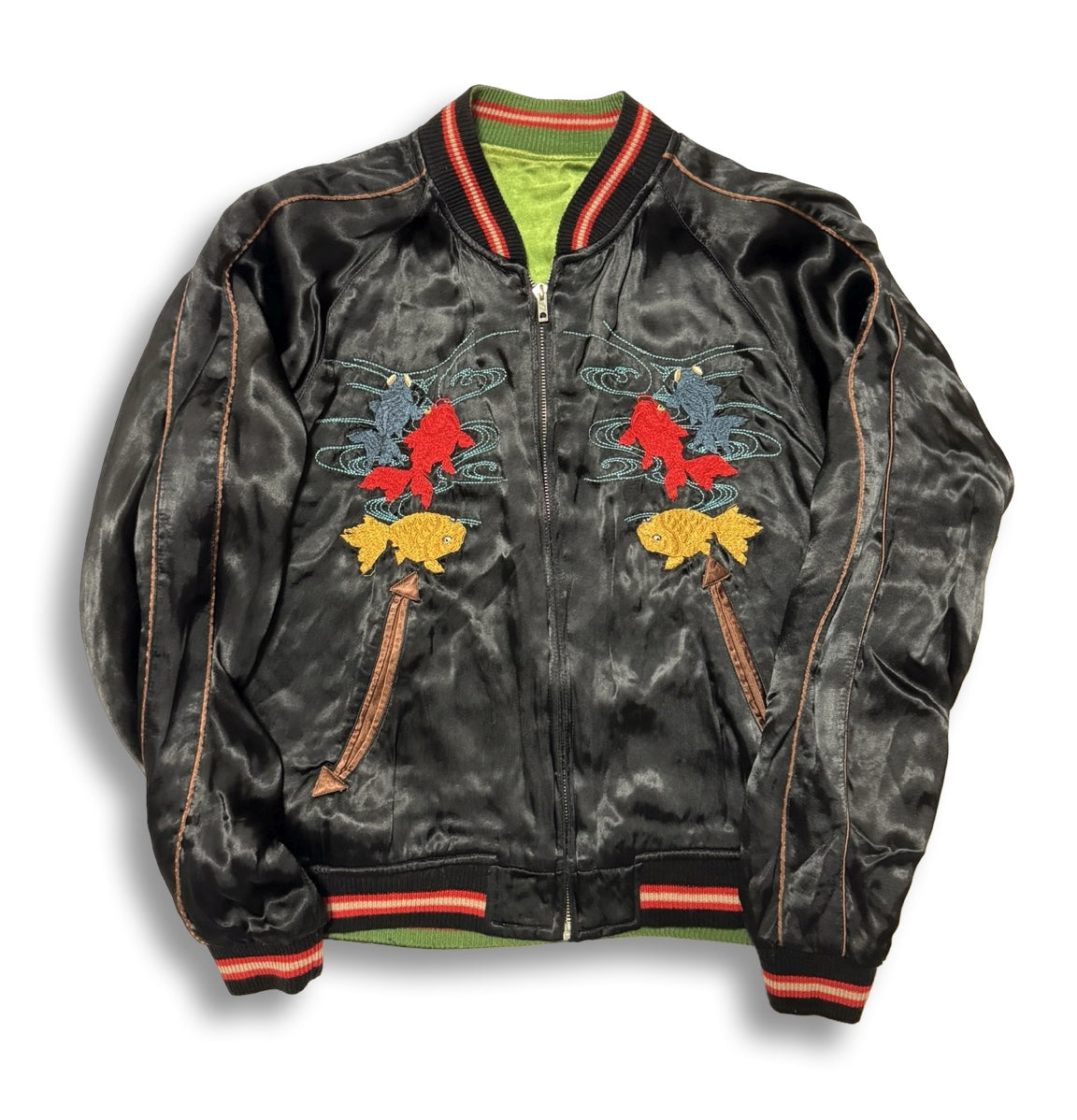 Cropped Heads Kappa Kingyo Goldfish Reversible Sukajan Jacket Size S Black Green Japanese Souvenir Bomber