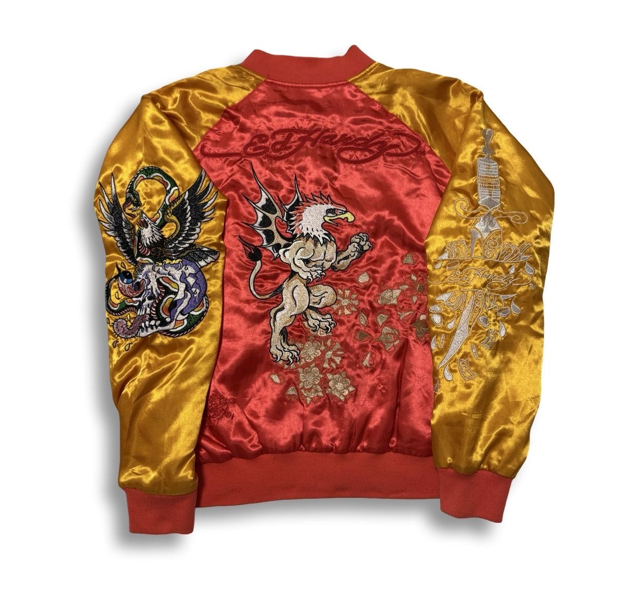 Y2K Ed Hardy Reversible Sukajan Jacket Winged Griffin Skull Eagle Embroidered Satin Bomber Red Gold Tattoo Streetwear