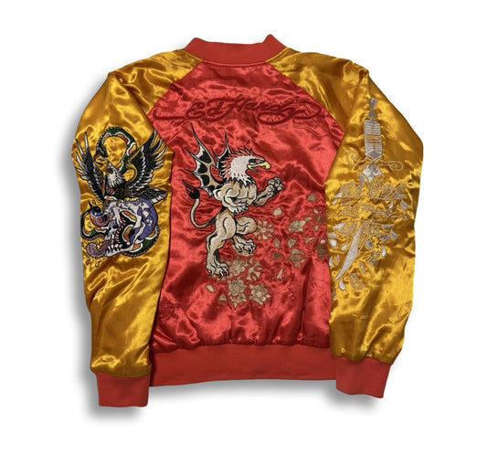 Y2K Ed Hardy Reversible Sukajan Jacket Winged Griffin Skull Eagle Embroidered Satin Bomber Red Gold Tattoo Streetwear