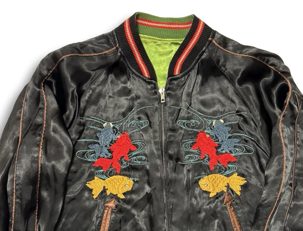 Cropped Heads Kappa Kingyo Goldfish Reversible Sukajan Jacket Size S Black Green Japanese Souvenir Bomber