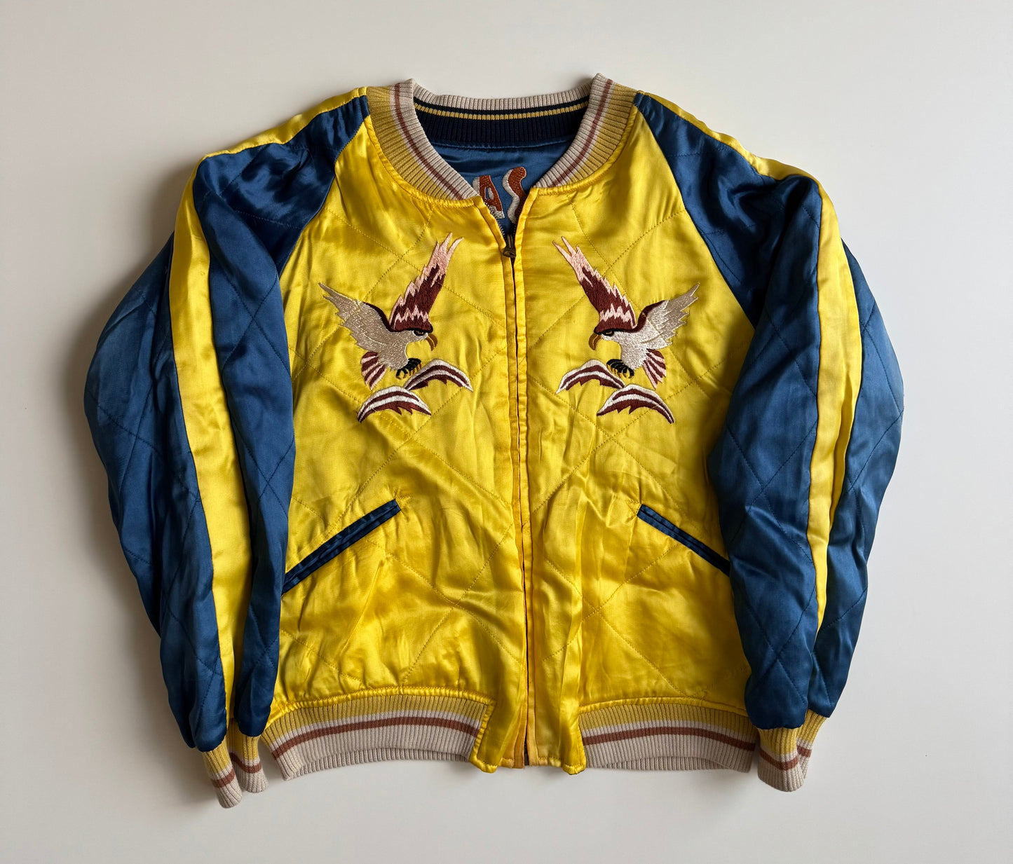 Vintage Alaska Souvenir Jacket Reversible Polar Bear Map Eagle Embroidered Sukajan Bomber Blue Yellow Size M