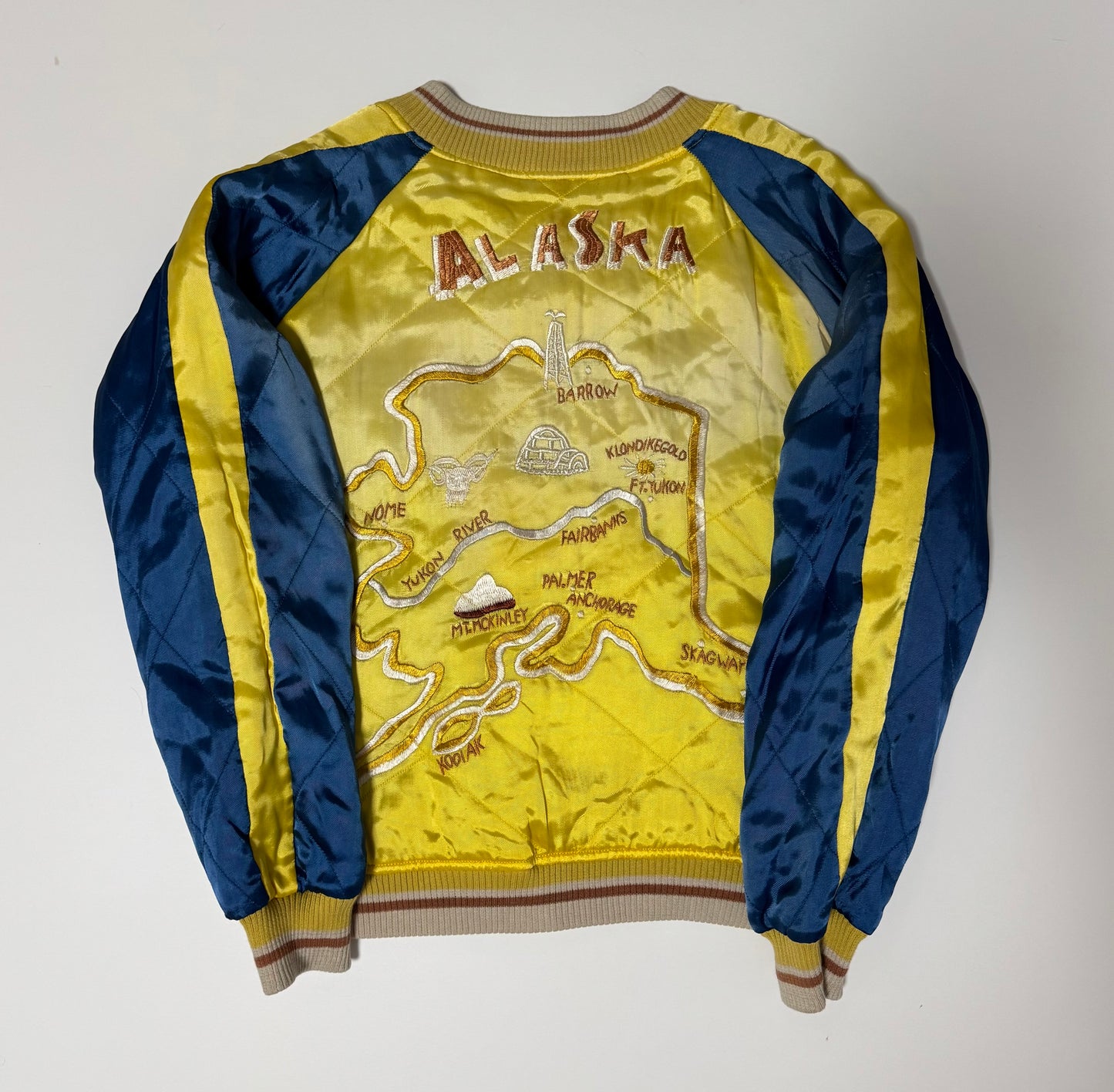 Vintage Alaska Souvenir Jacket Reversible Polar Bear Map Eagle Embroidered Sukajan Bomber Blue Yellow Size M