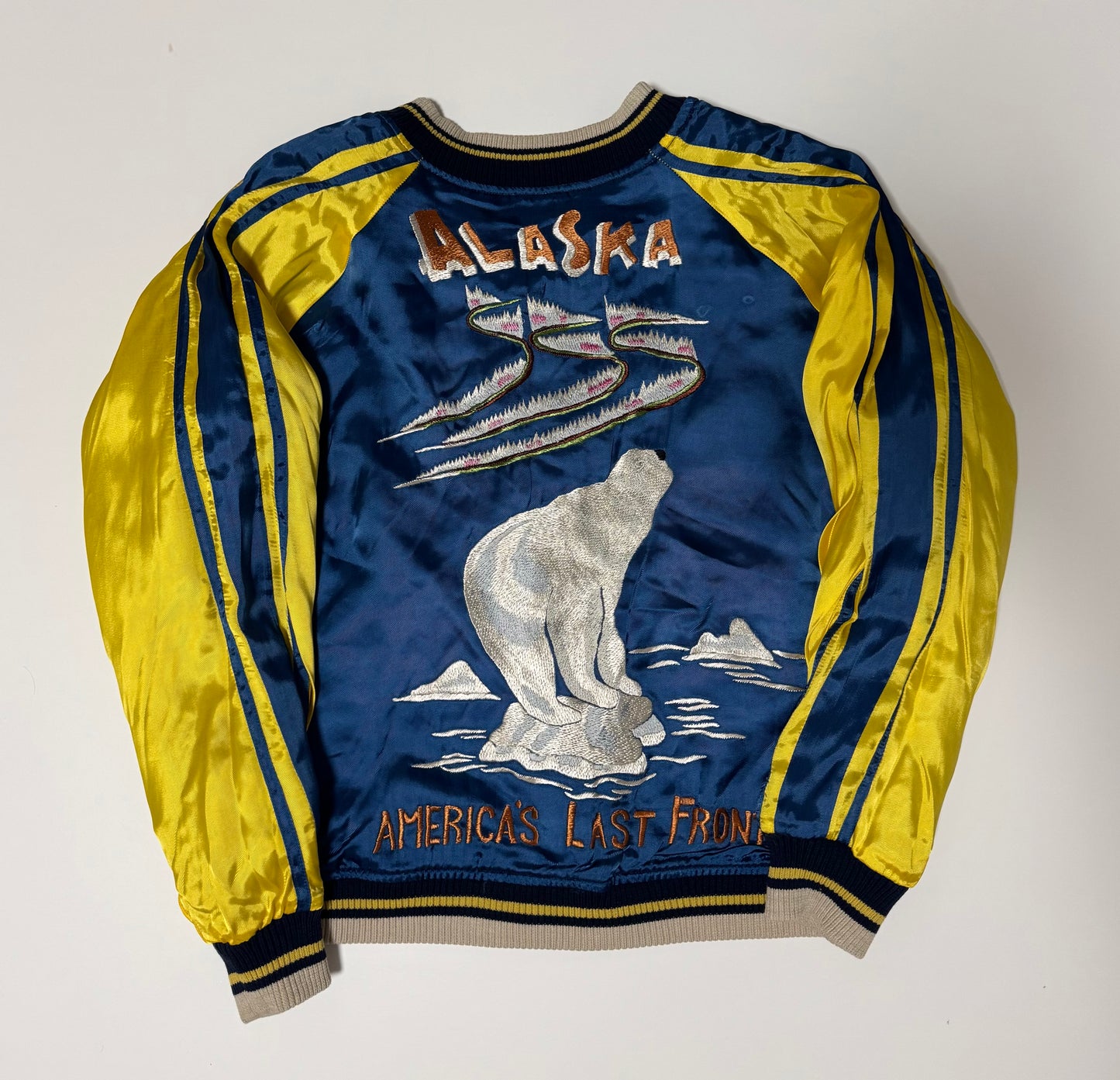 Vintage Alaska Souvenir Jacket Reversible Polar Bear Map Eagle Embroidered Sukajan Bomber Blue Yellow Size M