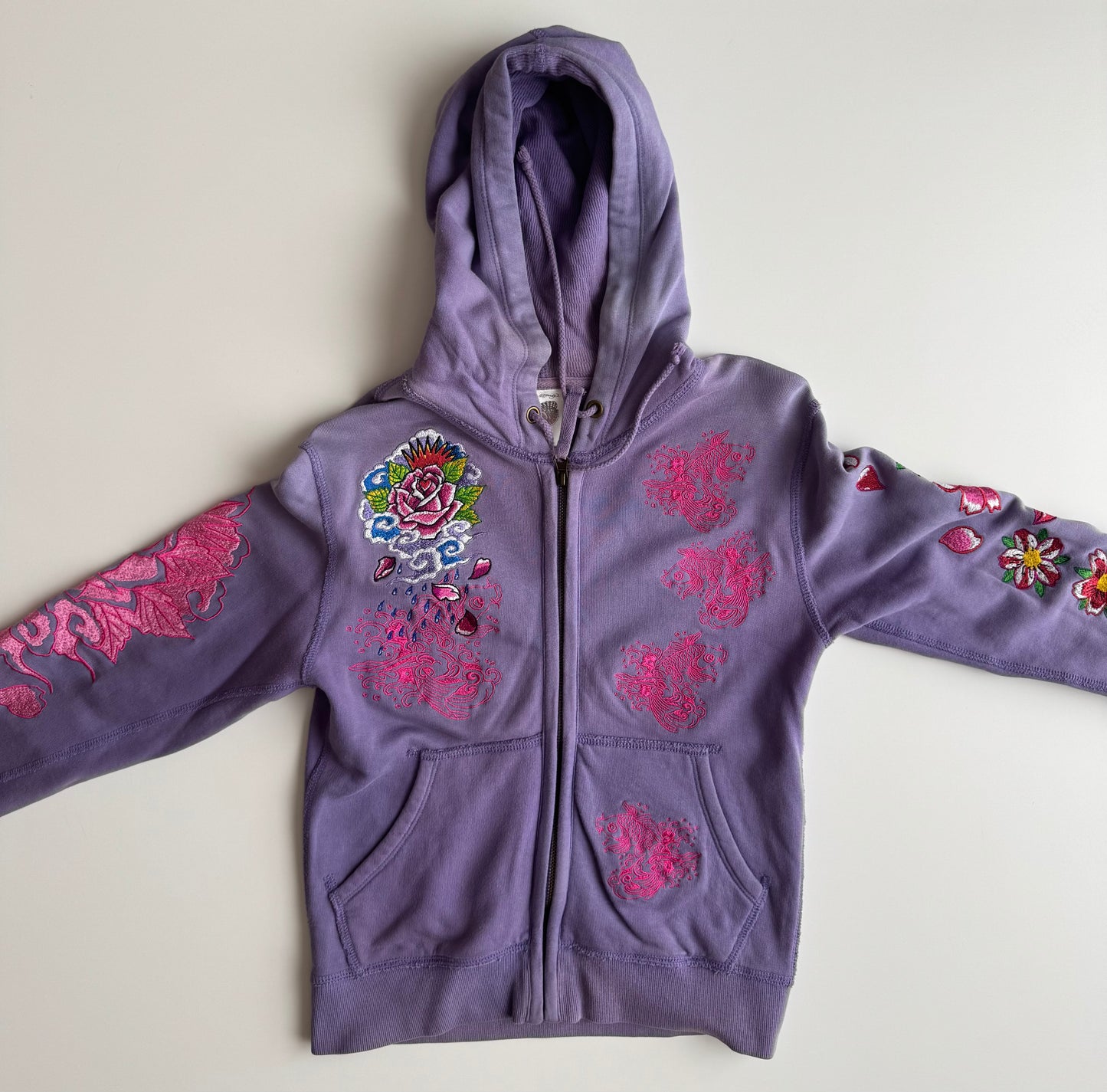 Vintage Ed Hardy Purple Embroidered Hoodie Floral Chrysanthemum Y2K Tattoo Art Hooded Sweatshirt Don Ed Hardy Designs