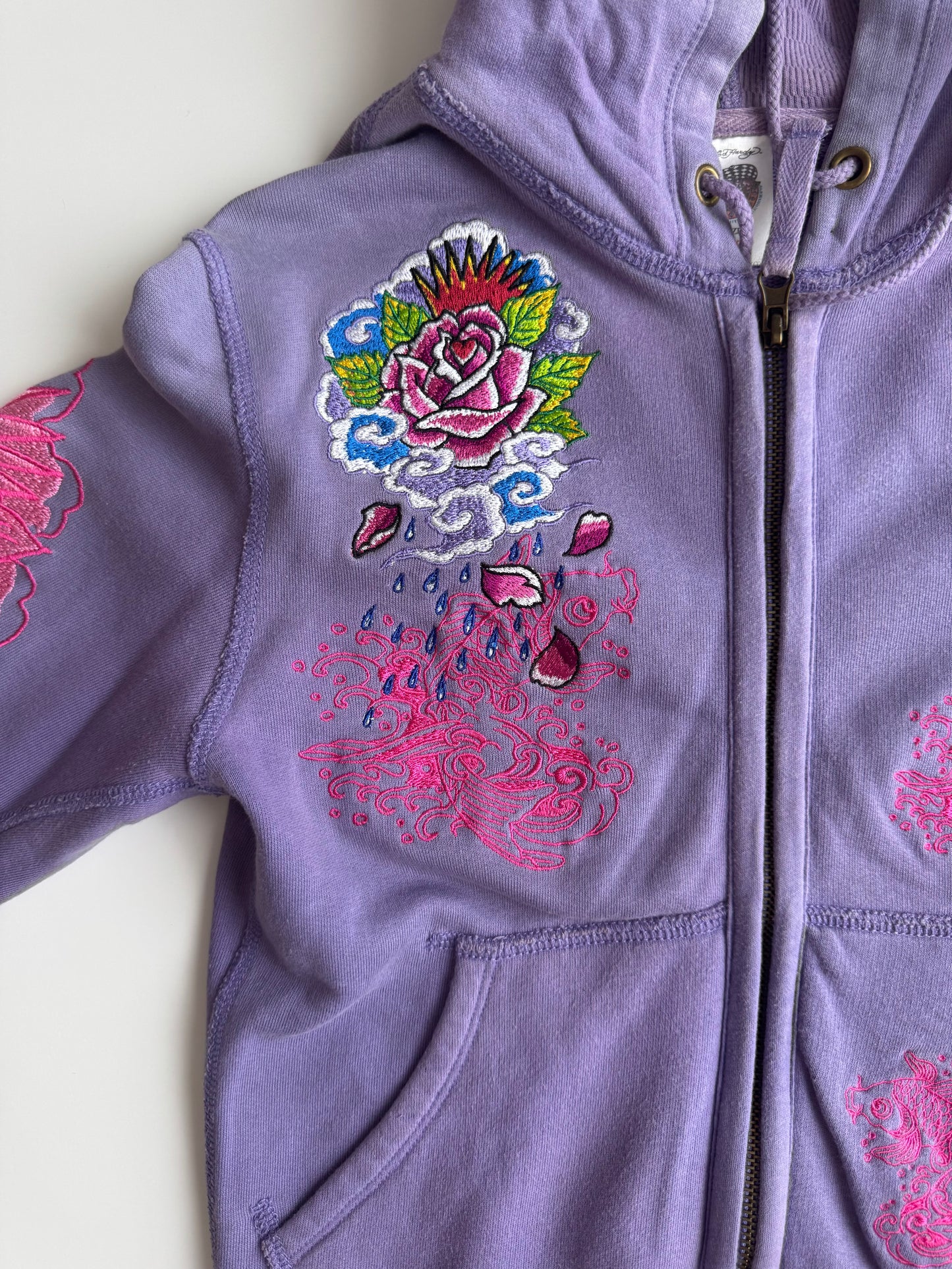 Vintage Ed Hardy Purple Embroidered Hoodie Floral Chrysanthemum Y2K Tattoo Art Hooded Sweatshirt Don Ed Hardy Designs