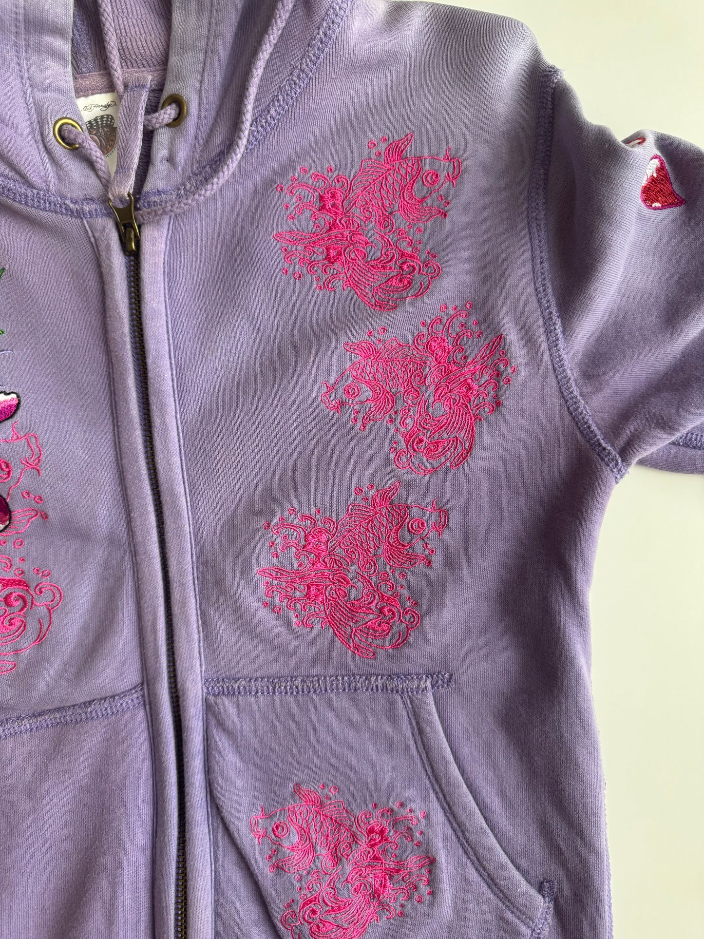 Vintage Ed Hardy Purple Embroidered Hoodie Floral Chrysanthemum Y2K Tattoo Art Hooded Sweatshirt Don Ed Hardy Designs