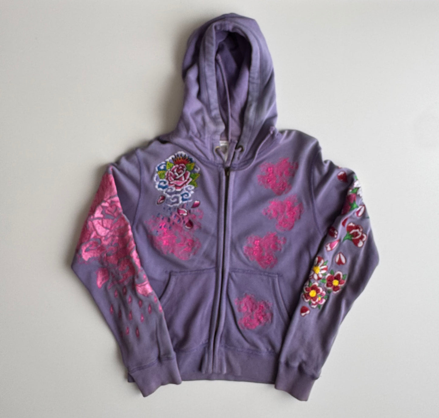 Vintage Ed Hardy Purple Embroidered Hoodie Floral Chrysanthemum Y2K Tattoo Art Hooded Sweatshirt Don Ed Hardy Designs