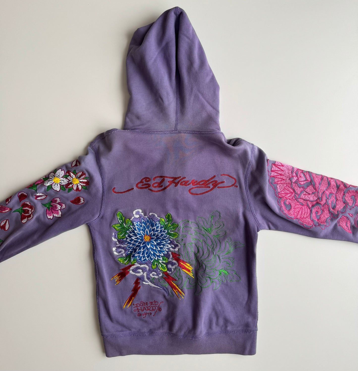 Vintage Ed Hardy Purple Embroidered Hoodie Floral Chrysanthemum Y2K Tattoo Art Hooded Sweatshirt Don Ed Hardy Designs