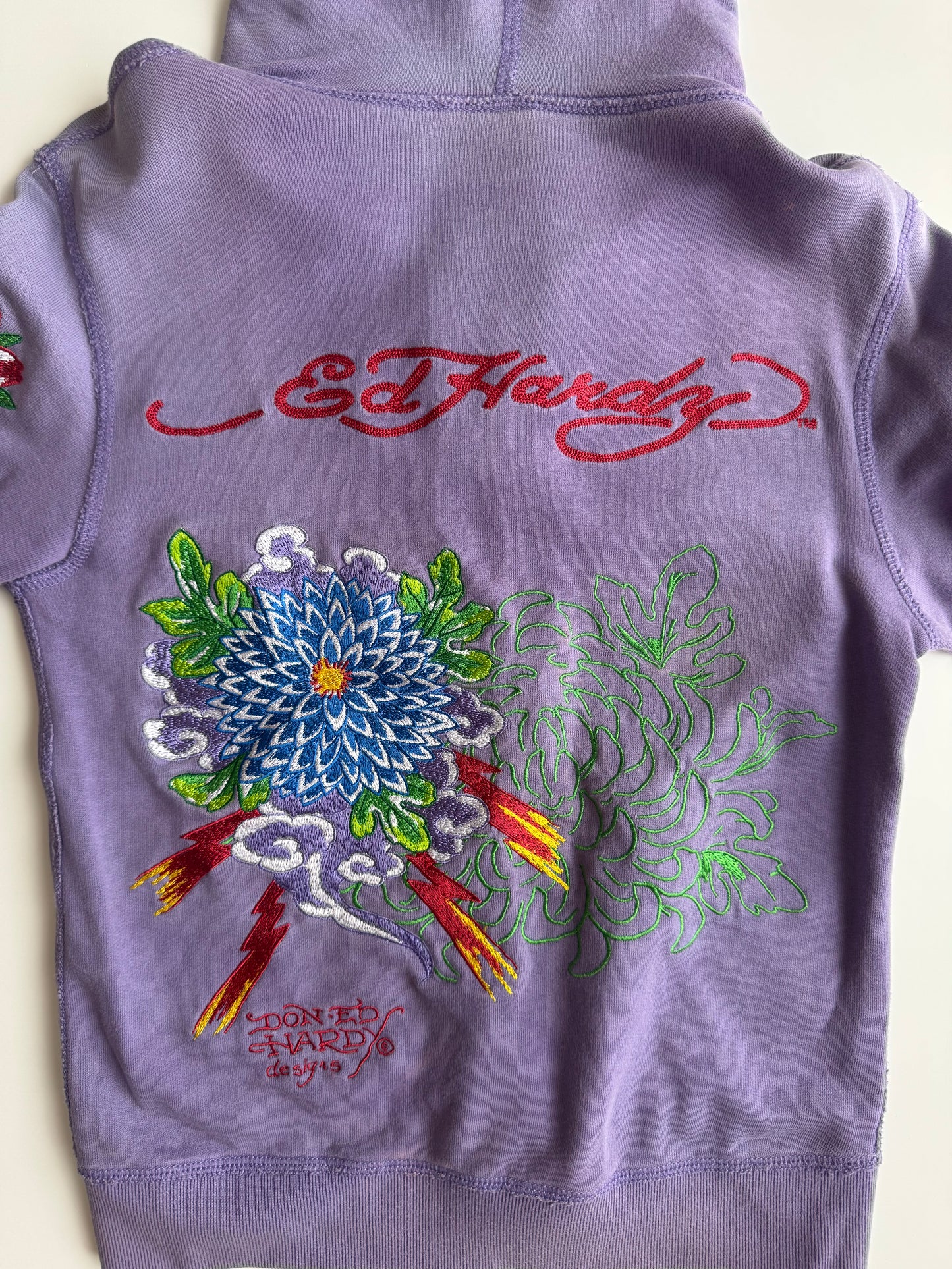 Vintage Ed Hardy Purple Embroidered Hoodie Floral Chrysanthemum Y2K Tattoo Art Hooded Sweatshirt Don Ed Hardy Designs
