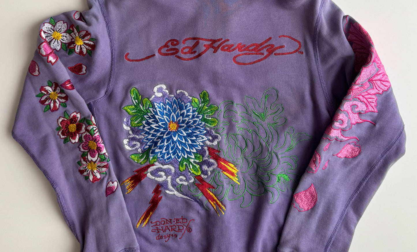 Vintage Ed Hardy Purple Embroidered Hoodie Floral Chrysanthemum Y2K Tattoo Art Hooded Sweatshirt Don Ed Hardy Designs