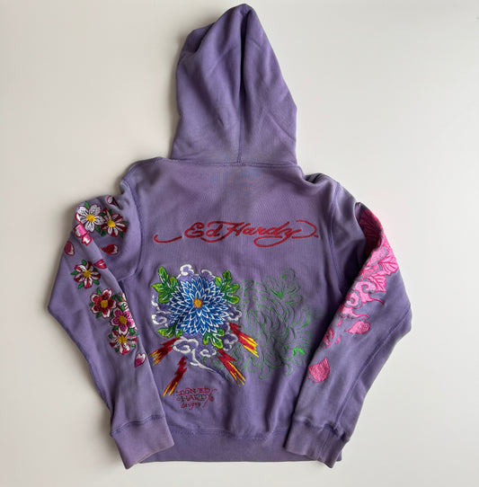 Vintage Ed Hardy Purple Embroidered Hoodie Floral Chrysanthemum Y2K Tattoo Art Hooded Sweatshirt Don Ed Hardy Designs