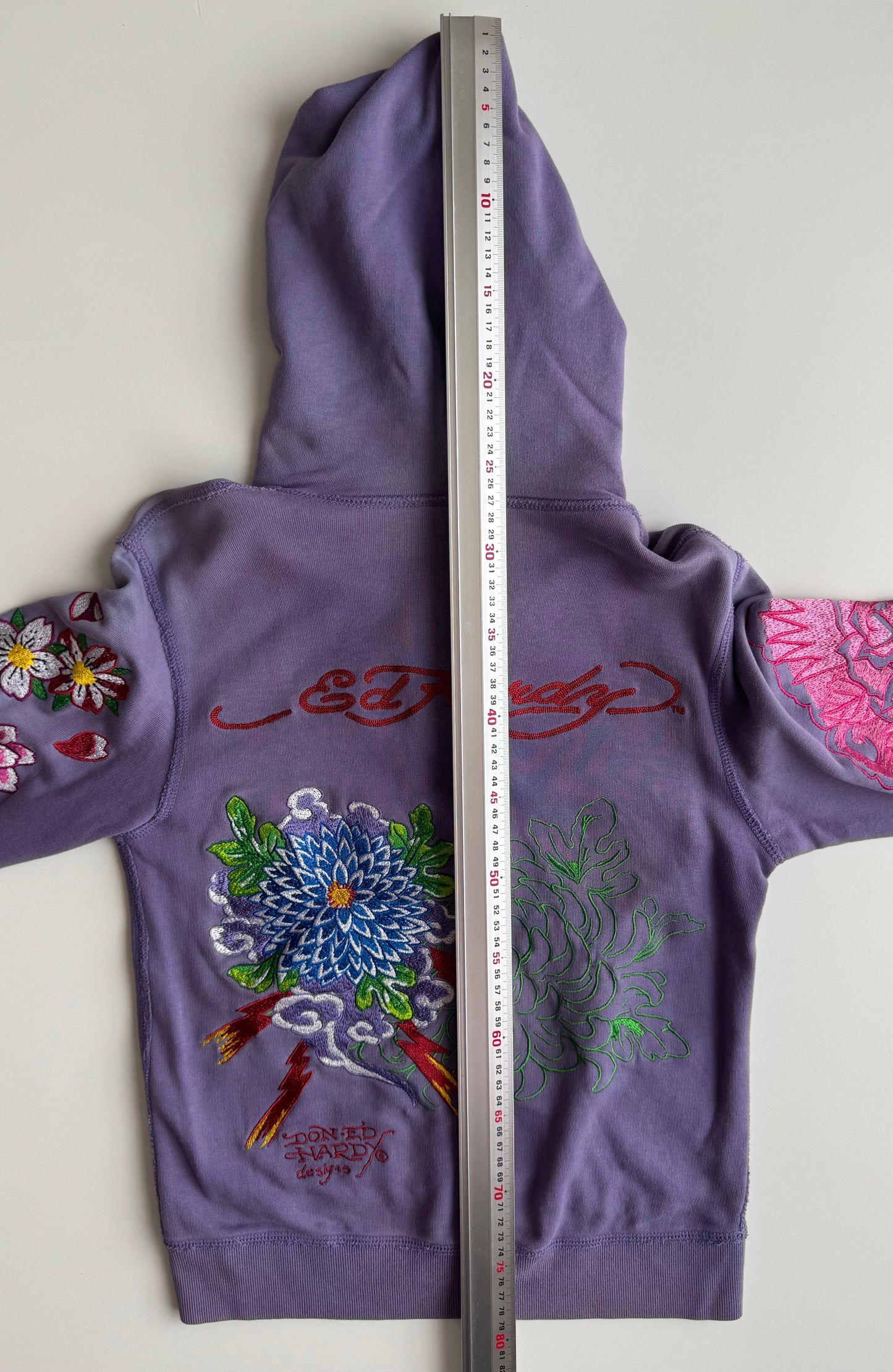 Vintage Ed Hardy Purple Embroidered Hoodie Floral Chrysanthemum Y2K Tattoo Art Hooded Sweatshirt Don Ed Hardy Designs