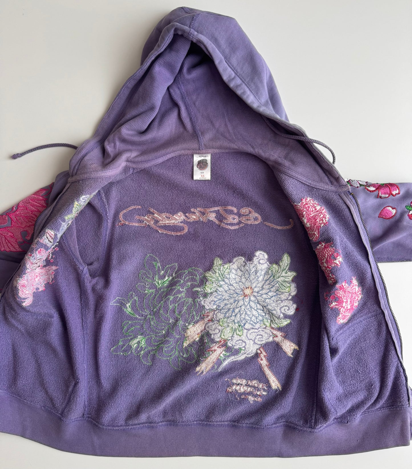 Vintage Ed Hardy Purple Embroidered Hoodie Floral Chrysanthemum Y2K Tattoo Art Hooded Sweatshirt Don Ed Hardy Designs