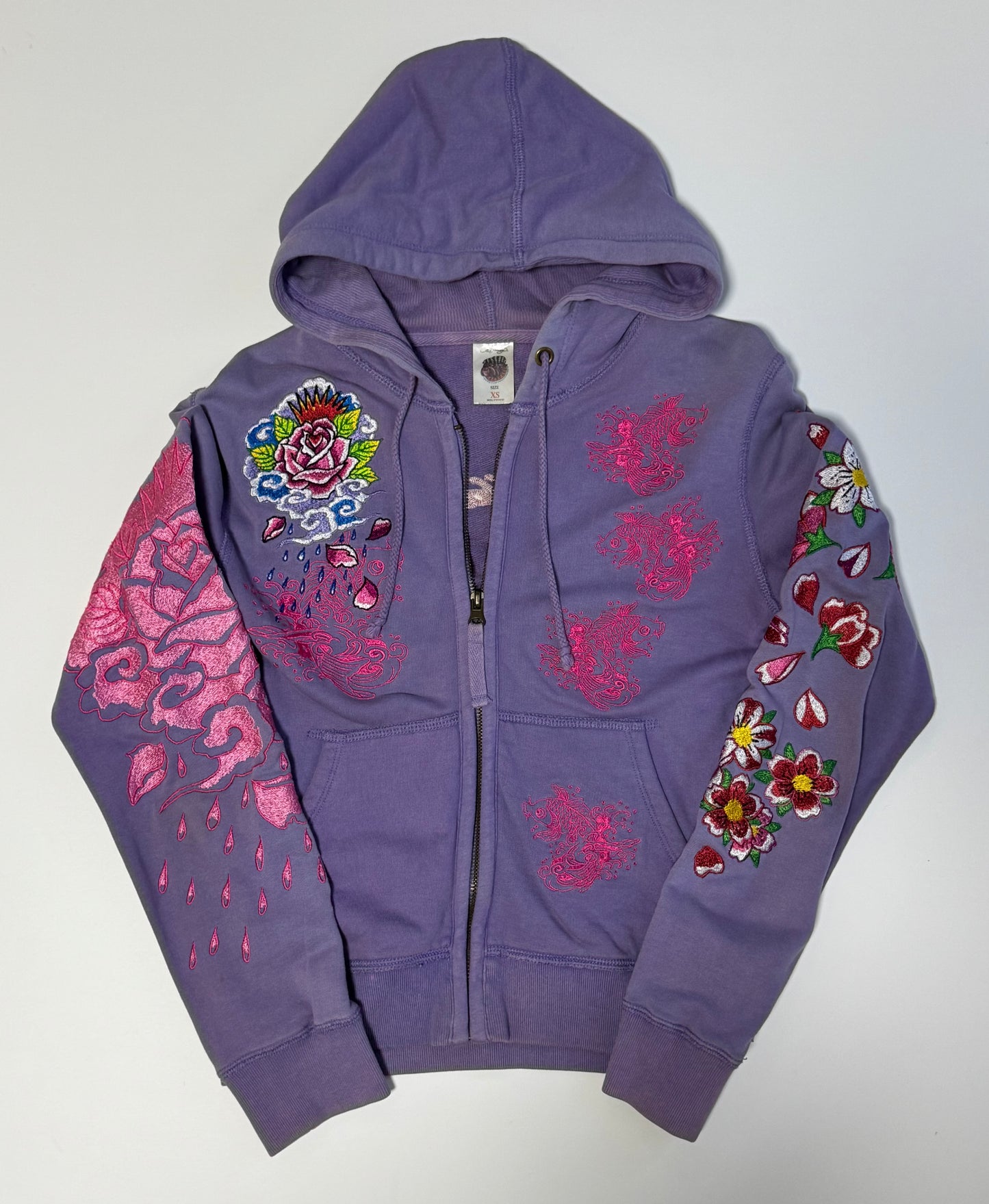 Vintage Ed Hardy Purple Embroidered Hoodie Floral Chrysanthemum Y2K Tattoo Art Hooded Sweatshirt Don Ed Hardy Designs