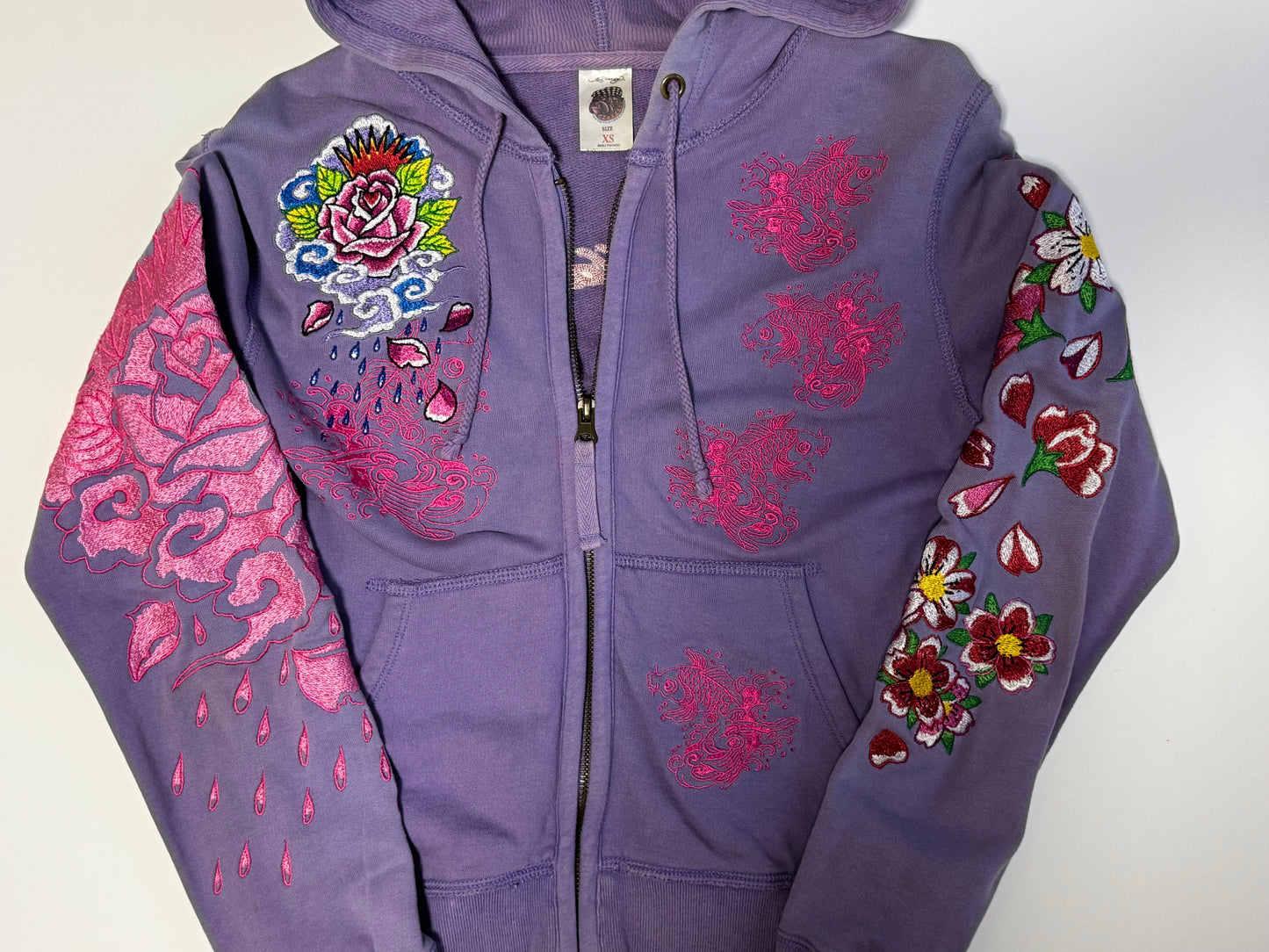 Vintage Ed Hardy Purple Embroidered Hoodie Floral Chrysanthemum Y2K Tattoo Art Hooded Sweatshirt Don Ed Hardy Designs