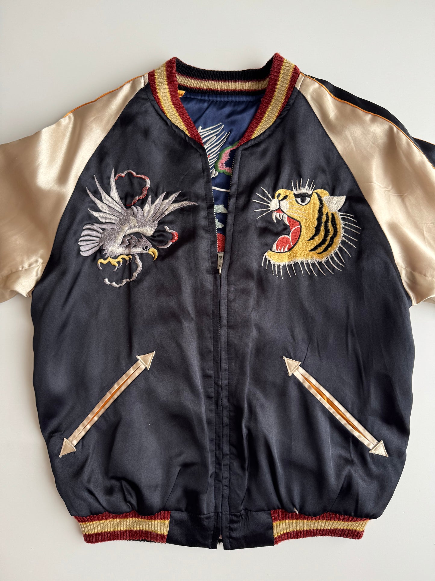 Vintage Tailor Toyo Enterprise Reversible Sukajan Jacket Tiger Eagle Mt Fuji Texas Japan Embroidered Satin Souvenir Bomber M-L