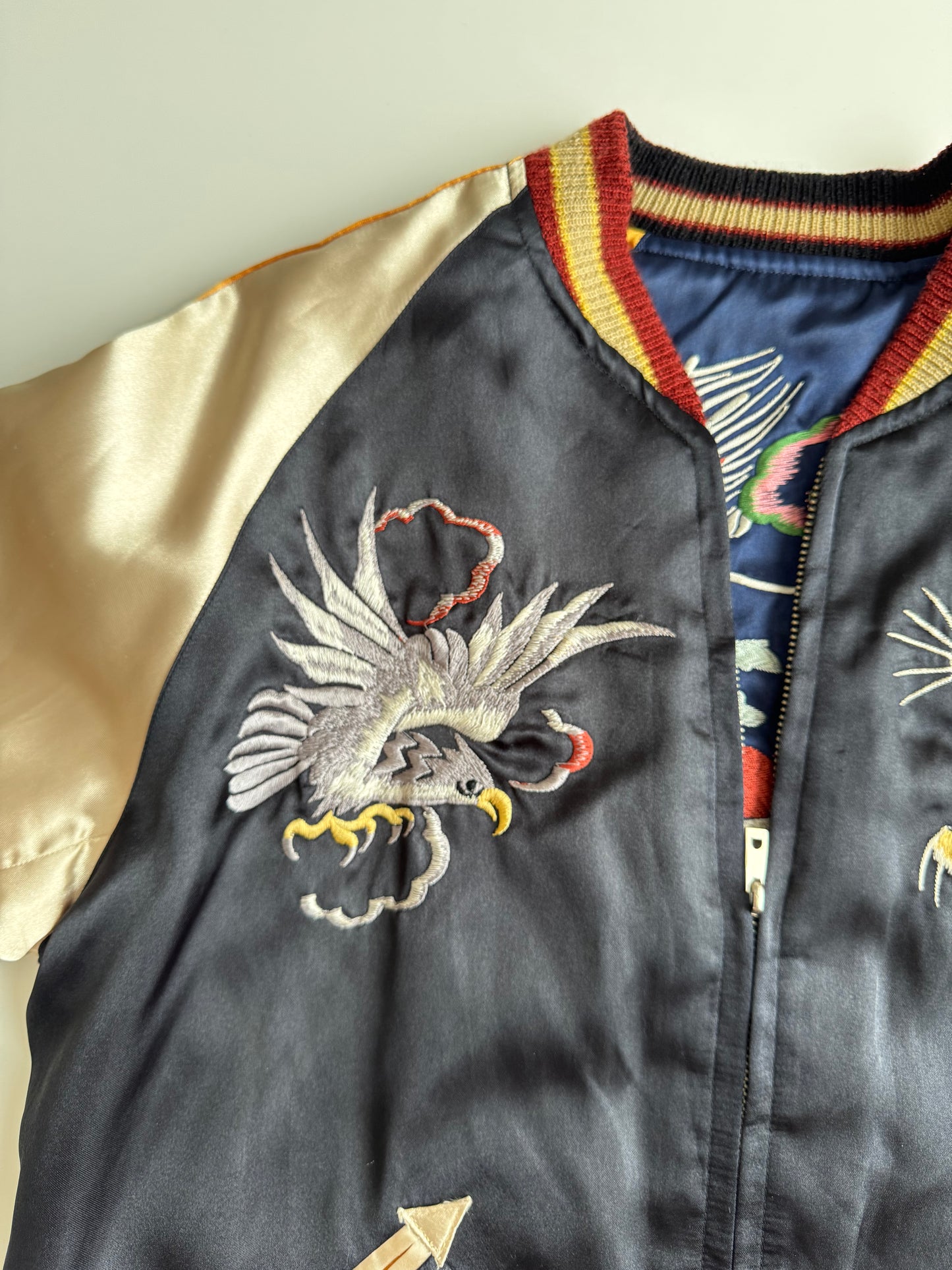 Vintage Tailor Toyo Enterprise Reversible Sukajan Jacket Tiger Eagle Mt Fuji Texas Japan Embroidered Satin Souvenir Bomber M-L