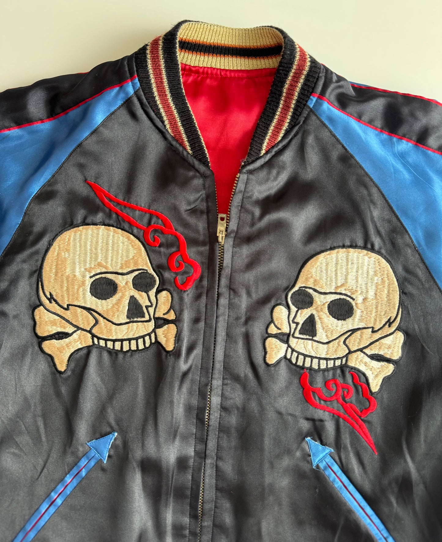 Vintage Clover Leaf Reversible Sukajan Jacket Dragon Skull Embroidery Yokosuka Japanese Souvenir Bomber Black Blue Red Gold Approx M