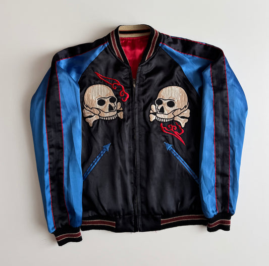 Vintage Clover Leaf Reversible Sukajan Jacket Dragon Skull Embroidery Yokosuka Japanese Souvenir Bomber Black Blue Red Gold Approx M