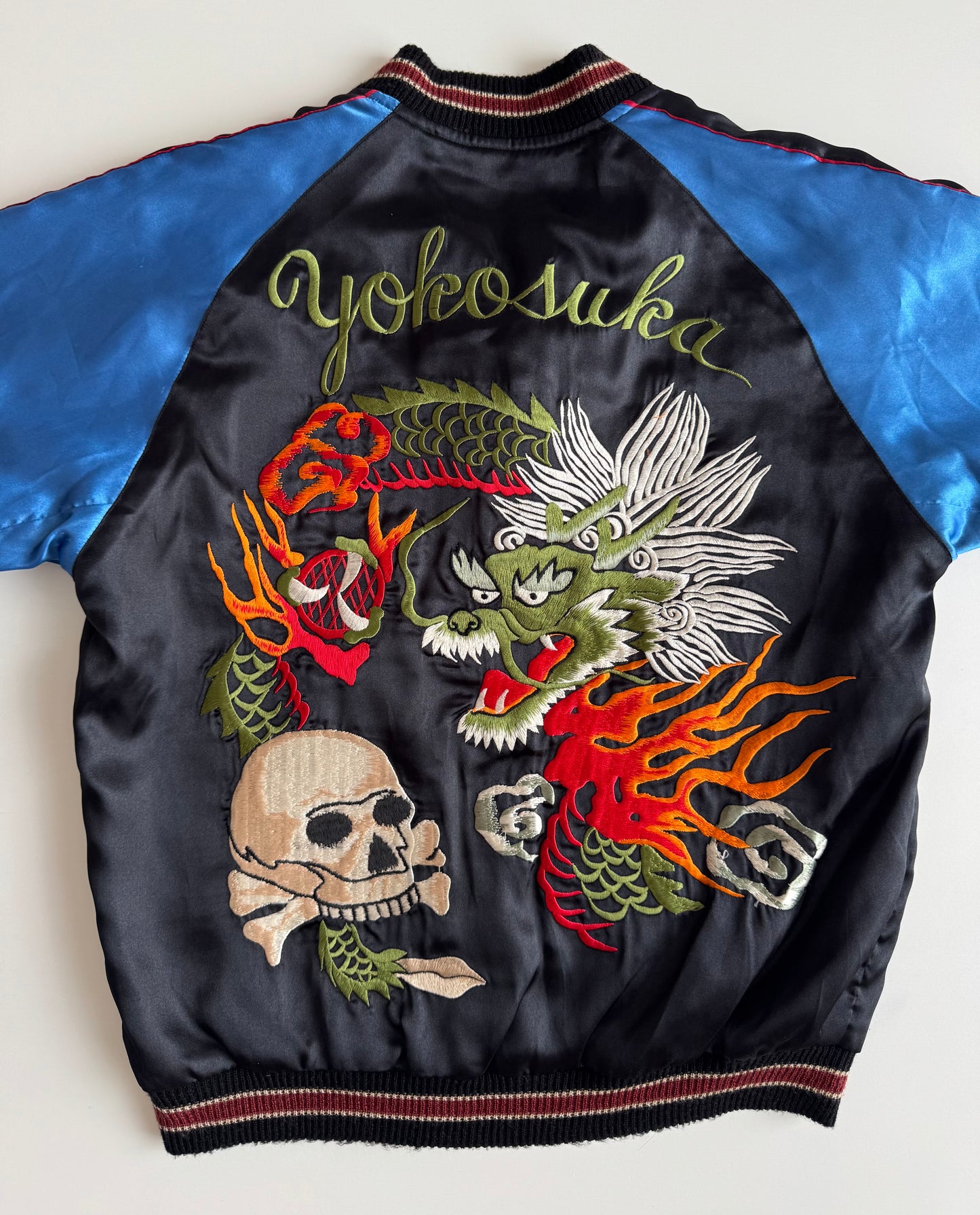 Vintage Clover Leaf Reversible Sukajan Jacket Dragon Skull Embroidery Yokosuka Japanese Souvenir Bomber Black Blue Red Gold Approx M