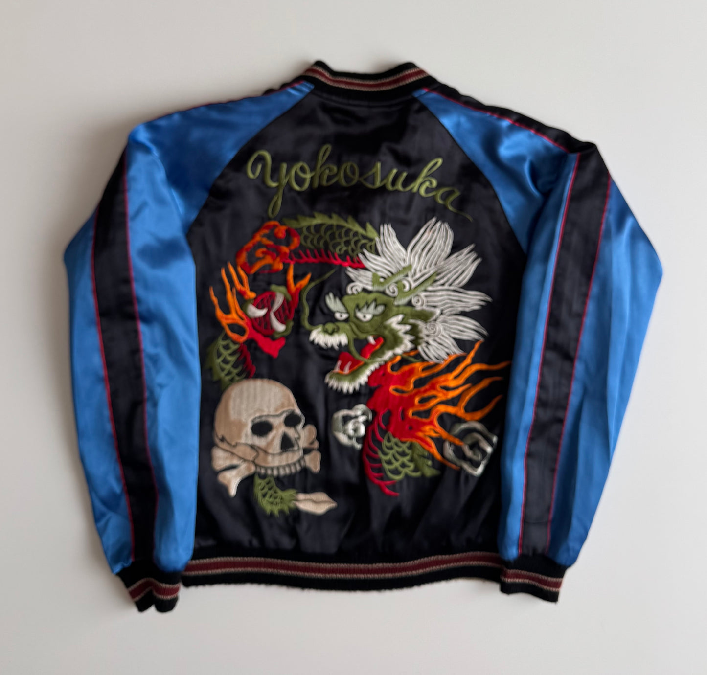 Vintage Clover Leaf Reversible Sukajan Jacket Dragon Skull Embroidery Yokosuka Japanese Souvenir Bomber Black Blue Red Gold Approx M