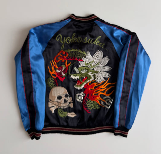 Vintage Clover Leaf Reversible Sukajan Jacket Dragon Skull Embroidery Yokosuka Japanese Souvenir Bomber Black Blue Red Gold Approx M