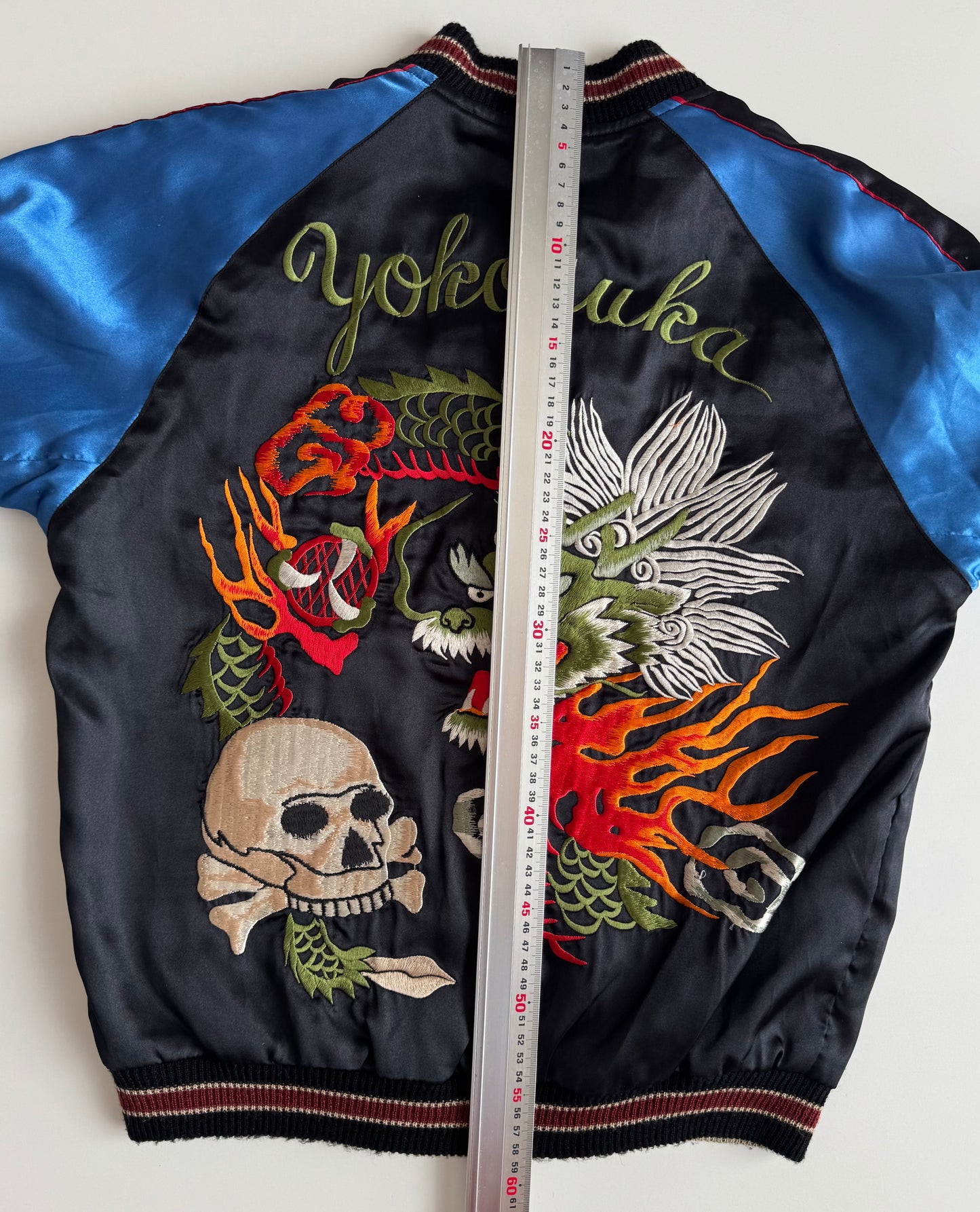Vintage Clover Leaf Reversible Sukajan Jacket Dragon Skull Embroidery Yokosuka Japanese Souvenir Bomber Black Blue Red Gold Approx M