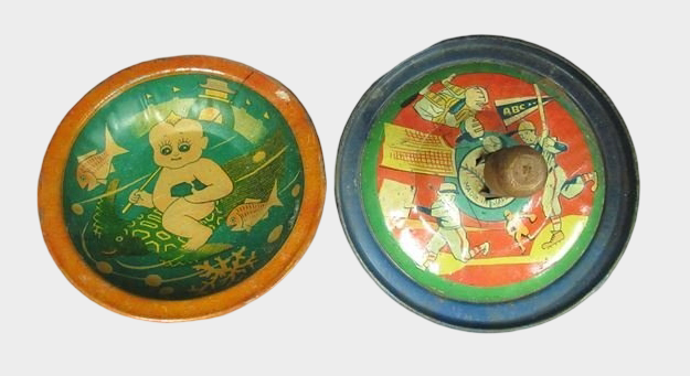Pre-War Japanese Kewpie Tin Spinning Tops Pair Lithographed Character Toys