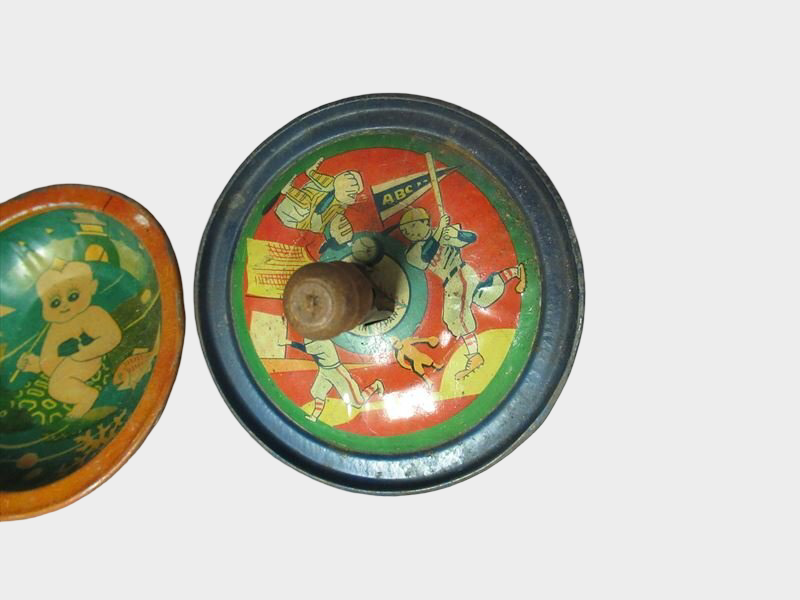 Pre-War Japanese Kewpie Tin Spinning Tops Pair Lithographed Character Toys