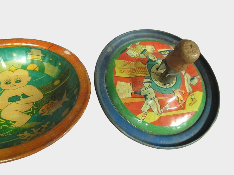 Pre-War Japanese Kewpie Tin Spinning Tops Pair Lithographed Character Toys