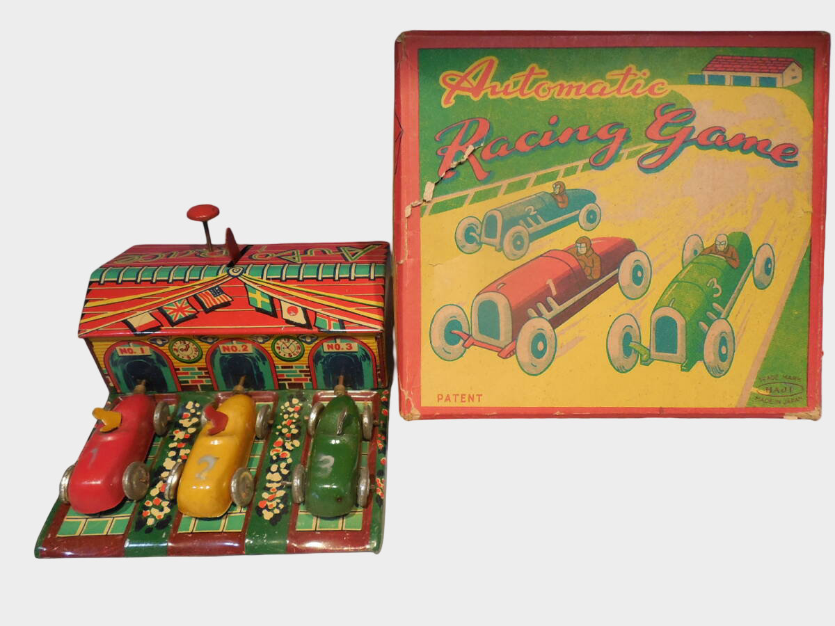 Pre-War Japanese HAJI Tin Automatic Racing Game Boxed Mechanical Toy